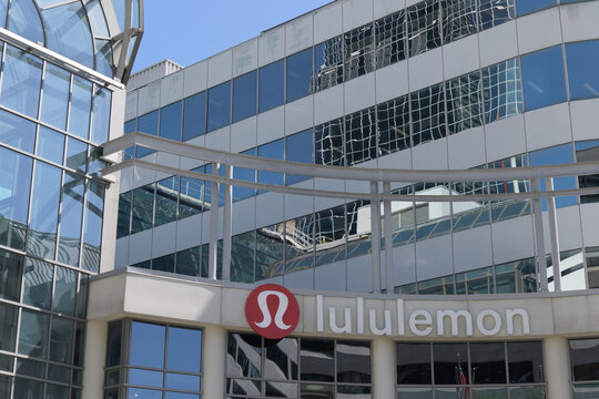 logo signage of lululemon, a sportwear store, on the exterior of the Albert and James Sts entrance to CF Toronto Eaton Centre (220 Yonge St)