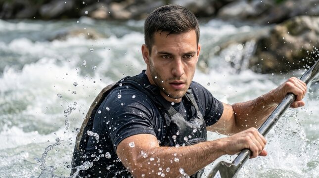 Professional Kayaker Navigating Intense White Water Rapids Portrait