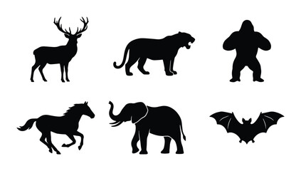 Obraz premium Diverse Wildlife Silhouettes: Majestic Deer, Fierce Tiger, Powerful Gorilla, Galloping Horse, African Elephant, Flying Bat