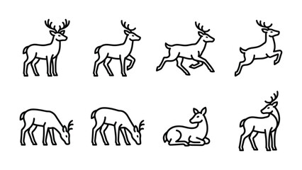 Fototapeta premium Deer Icon Set: A collection of clean, modern line art icons depicting various poses of a deer, including standing, walking, running, jumping, grazing, and resting.
