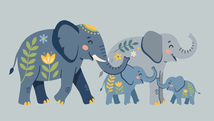 Cute Elephant Family Vector Illustration Folk Art Style Mother Baby Animal Walking Together Design © Kazim