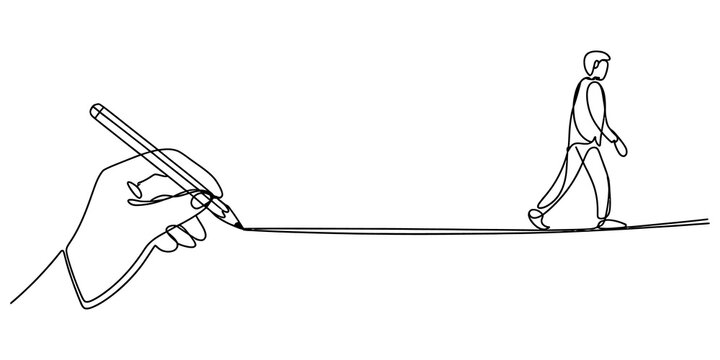 A creative hand drawing a man walking on a straight line in a simple continuous black line art style illustration for business and life path concepts isolated on transparent background
