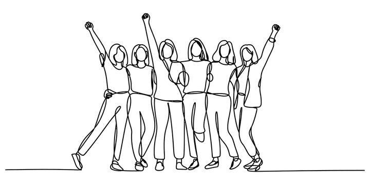 Group of happy friends standing together and raising hands in celebration illustrated with a simple continuous single line drawing style for office team work isolated on transparent background