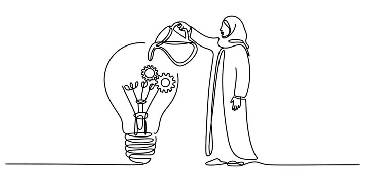 Continuous single line drawing of an arab woman in a hijab watering a light bulb with gears inside symbolizing the growth of new ideas and creative thinking isolated on transparent background