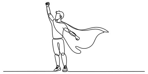 Continuous single line drawing of a superhero man standing with his arm raised up in a victory pose wearing a flowing cape representing strength and power isolated on transparent background © Rimi Kailash Arts