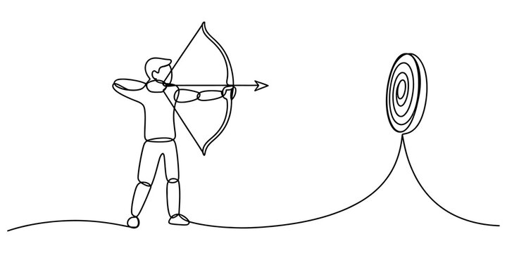 Continuous single line drawing of a man aiming an arrow with a bow at a circular target for sports archery competition practice and success concept art isolated on transparent background