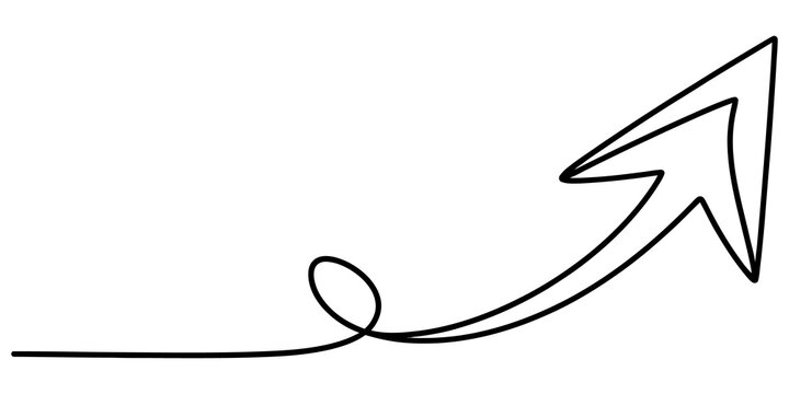 A single continuous black hand drawn arrow pointing up and to the right side with a curly loop at the bottom for business growth or direction design isolated on transparent background