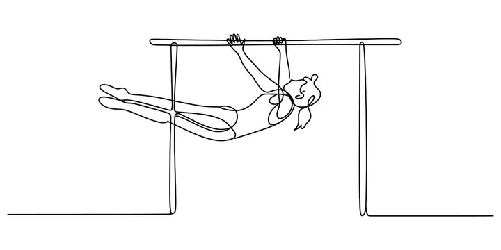 Continuous single line drawing of a female gymnast doing a difficult exercise on the horizontal bars during a professional gymnastics competition event isolated on transparent background