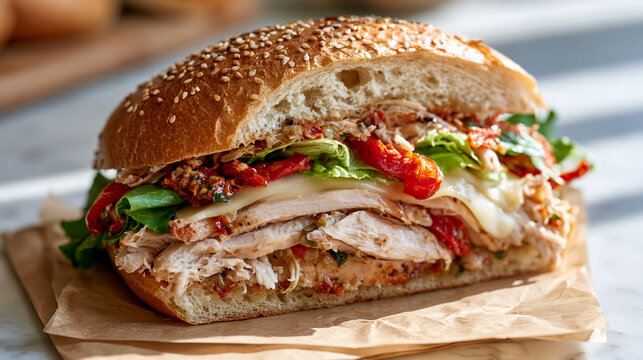close-up of a split hero sandwich stacked with roasted turkey, provolone, lettuce, and hot peppers on an Italian roll, celebrating national submarine hoagy hero grinder day, deli