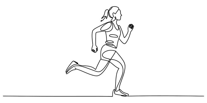 Continuous single line drawing of a young woman running fast in sports clothes for fitness training exercise and healthy lifestyle activity concept art isolated on transparent background