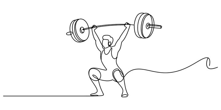 Continuous single line drawing of a male athlete lifting a heavy barbell over his head during a professional weightlifting competition in a gym setting isolated on transparent background