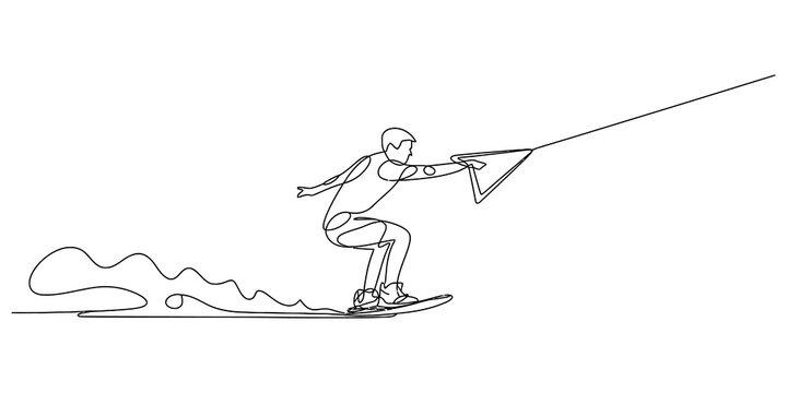 A continuous one line drawing of a man wakeboarding on water surface holding a tow rope handle while enjoying a fast extreme water sport summer activity isolated on transparent background