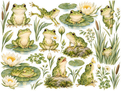 Watercolor frog collection with lily pads and pond plants isolated on a transparent background