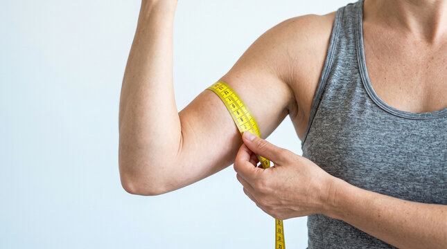 Close-up of a woman measuring her upper arm circumference with a yellow tape, tracking body measurements, fitness progress and weight loss results.