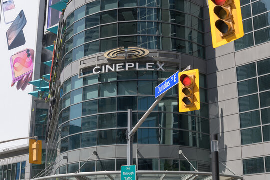 exterior glass and steel facade and sign of Cineplex Cinemas Yonge-Dundas and VIP located inside The Tenor building at 10 Dundas St E, Toronto