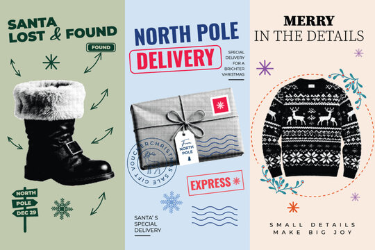 Christmas Halftone Pop Art Design Poster Set with Santa Boot, Gift Delivery and Sweater Illustration in Retro Vintage Style
