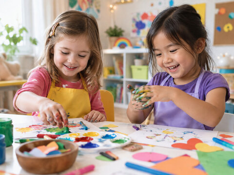 Two preschool girls laugh while finger painting and making colorful paper art together at a bright craft table during a creative indoor playdate.