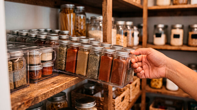Hand reaching for spice rack in organized pantry