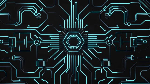 Glowing Cyan Electrical Circuit Loop on Black Background 4K,Generative AI