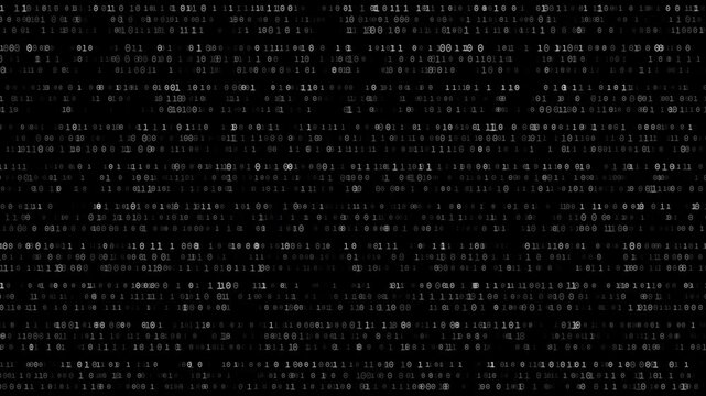 Abstract futuristic black and white binary code animation with flowing data and glow effect, ideal for AI, cybersecurity and digital tech themes, seamless loop with alpha channel background