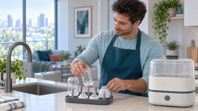 Father Sterilizing Baby Bottles for Infant Feeding Routine