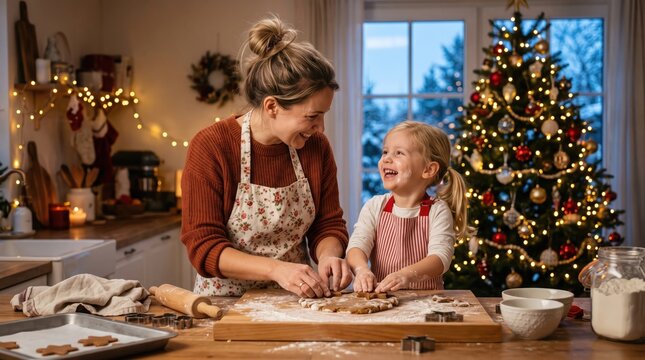 Mother and daughter baking christmas cookies together in a cozy and warmly lit home setting