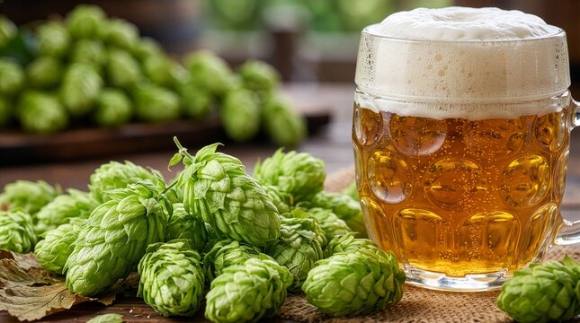 Fresh Green Hops and Glass of Golden Craft Beer.