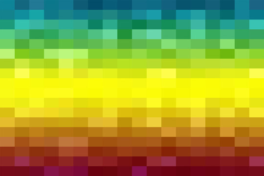 Abstract background, with a grid, of square pixels, displaying a rainbow, color spectrum from, blue and green, to yellow, orange, and deep red