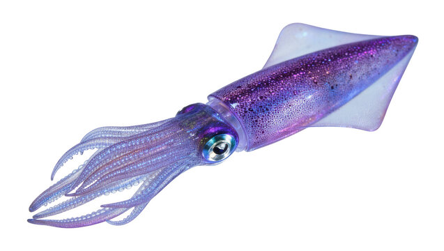 Sparkling purple squid with tentacles and fins, isolated on transparent background