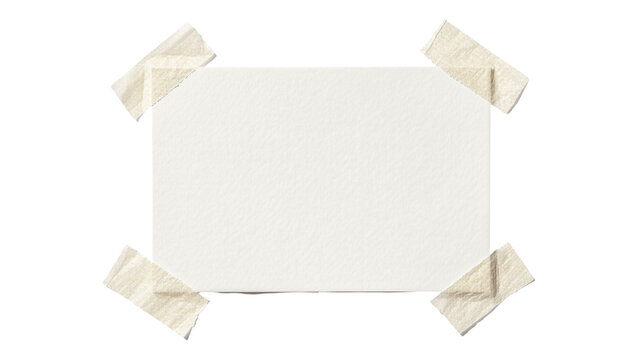 Blank white textured paper note secured with beige masking tape, isolated on transparent background