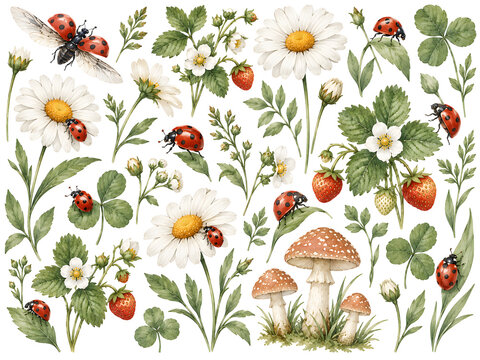 Watercolor ladybug and wildflower garden collection isolated on a transparent background