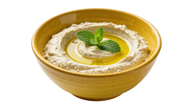 Creamy hummus with olive oil swirl and mint leaf, isolated on transparent background