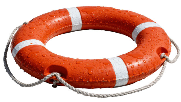 Orange life preserver ring with white stripes and water droplets, isolated on transparent background