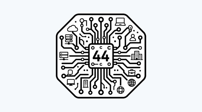 Abstract circuit board design with icons representing digital connectivity and modern technology concepts in a linear style