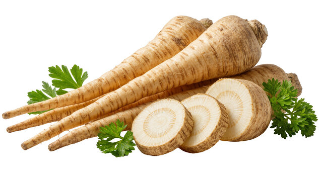 Whole and sliced parsnips with fresh parsley leaves, isolated on transparent background