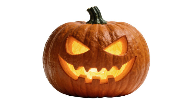 Carved Halloween pumpkin with glowing orange face, isolated on transparent background