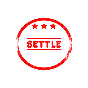 Red circular stamp with stars and settle text for resolving disputes and finalizing.
