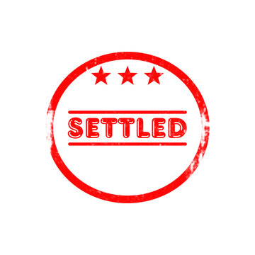 Red circular stamp with stars and settled text for debt or agreement finalization.
