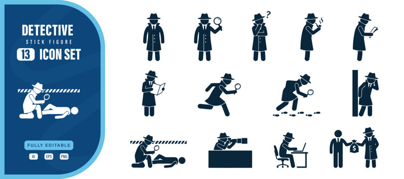Set of detective stick figure icons in various poses and actions, including investigating a crime scene, searching for clues, and using a magnifying glass