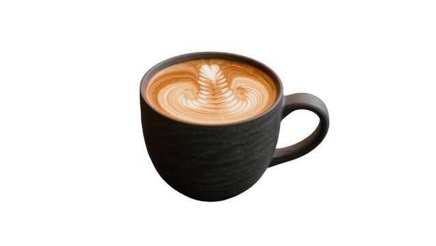 Dark ceramic mug with latte art, isolated on transparent background