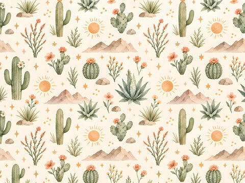 Seamless watercolor desert pattern featuring cacti succulents and mountains on a soft cream background