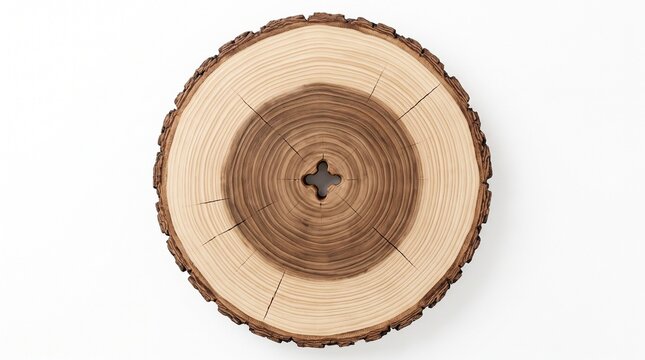 Circular cross section of a tree log with visible growth rings on a white background