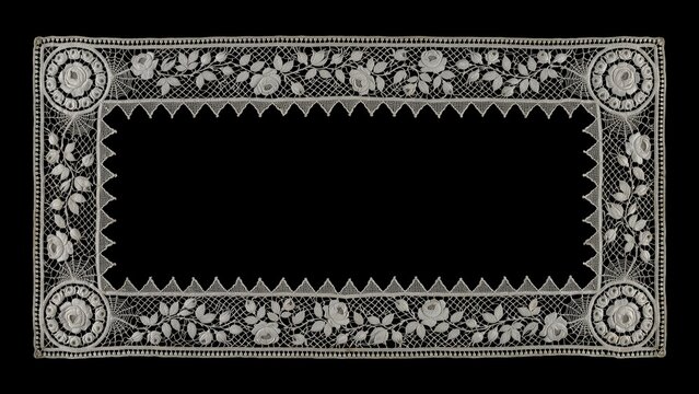 Vintage white lace frame with floral embroidery, antique rectangular doily border on black background, elegant textile lace trim for wedding invitations
