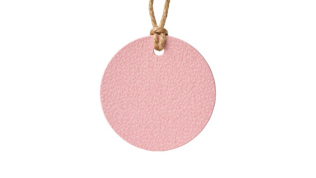 Round pink textured leather tag with jute string, isolated on transparent background