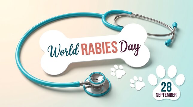 Medical stethoscope and awareness sign promoting World Rabies Day on September 28th 