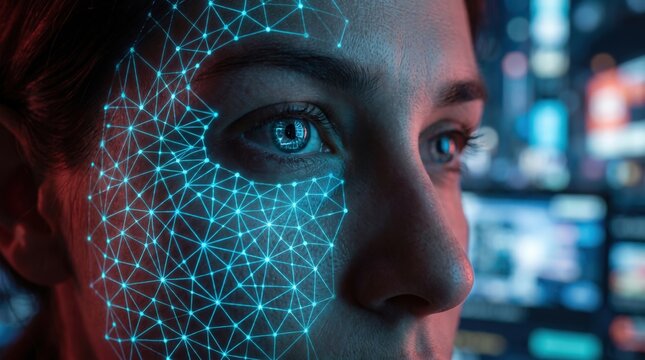 Facial recognition technology with glowing network over womans face artificial intelligence