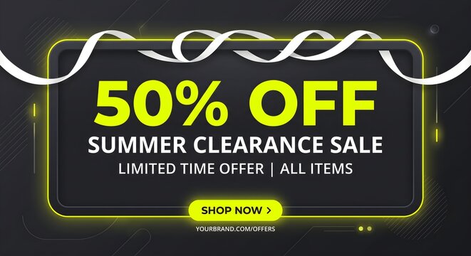 Dark Cyber Lime Green Wave 50% Off Summer Clearance Sale Banner Vector