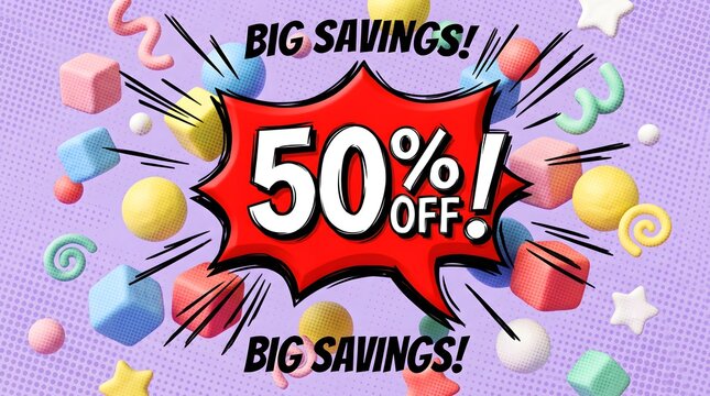 Pop Art Explosive Comic Burst Big Savings 50% Off 3D Shapes Banner