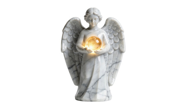 Marble angel holding glowing golden orb, isolated on transparent background