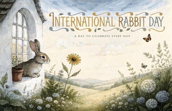 International rabbit day watercolor illustration with bunny sitting in stone window watercolor illustration landscape celebration greeting card sunflower artistic